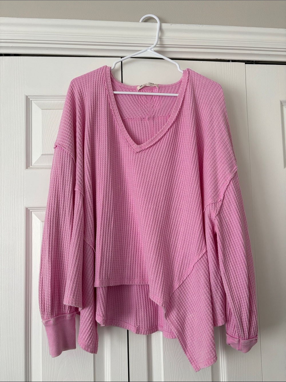 We The Free Pink Waffle Knit V-Neck Long Sleeve Top